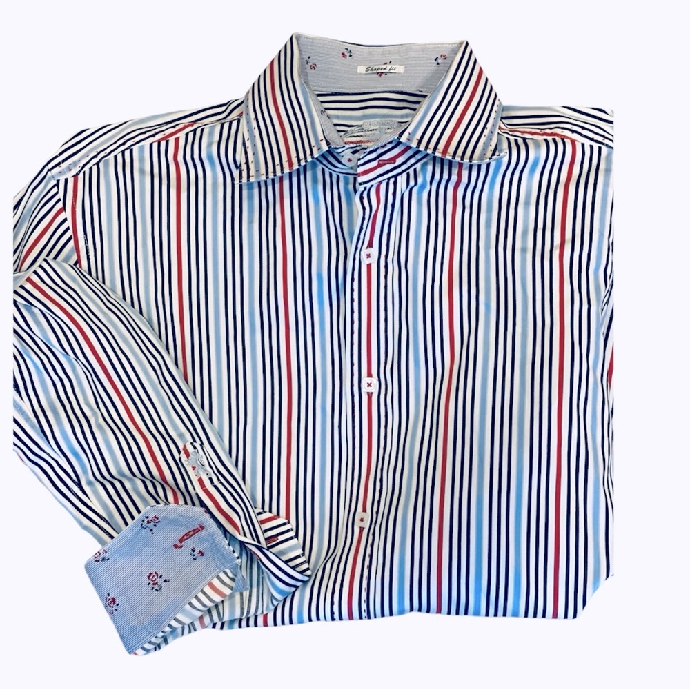 Bugatchi Red White Blue Striped Flip Cuff Button Down Shirt XL Office Party